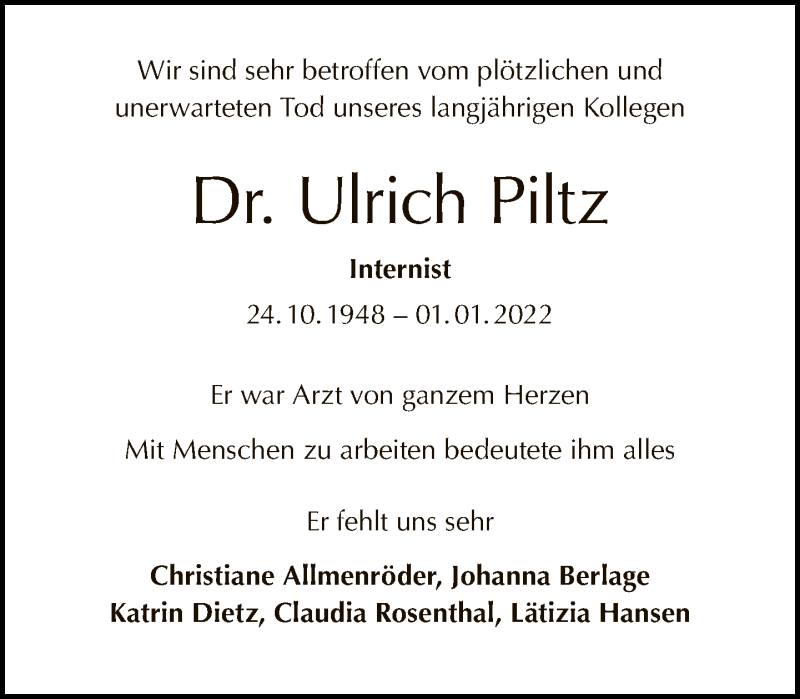  Traueranzeige für Ulrich Piltz vom 16.01.2022 aus Tagesspiegel