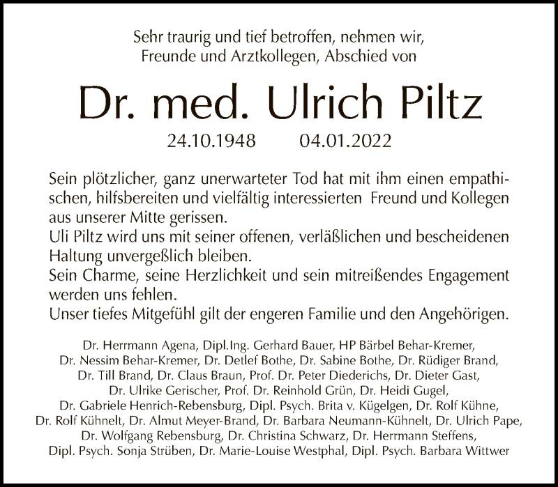  Traueranzeige für Ulrich Piltz vom 16.01.2022 aus Tagesspiegel