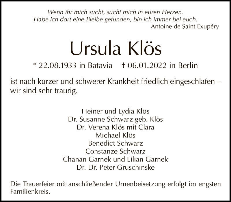  Traueranzeige für Ursula Klös vom 16.01.2022 aus Tagesspiegel