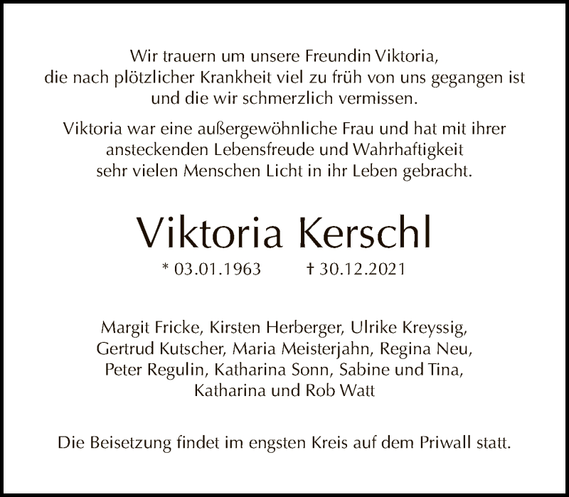  Traueranzeige für Viktoria Kerschl vom 09.01.2022 aus Tagesspiegel
