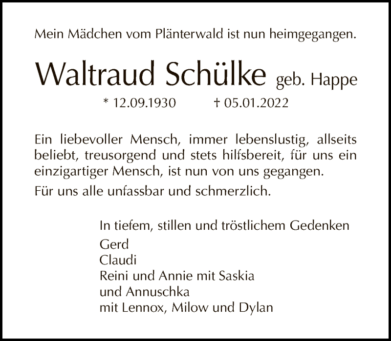  Traueranzeige für Waltraud Schülke vom 16.01.2022 aus Tagesspiegel