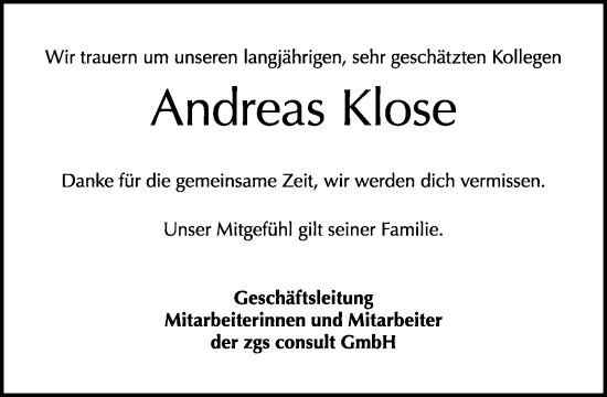 Traueranzeige von Andreas Klose von Tagesspiegel