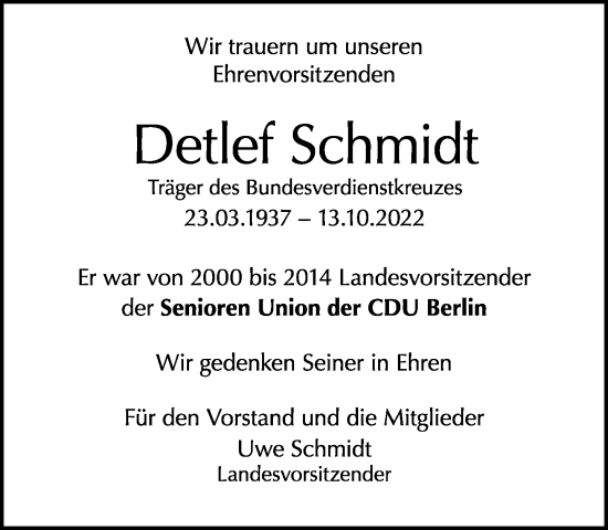 Traueranzeige von Detlef Schmidt von Tagesspiegel