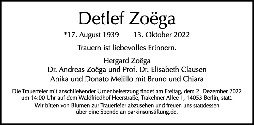  Traueranzeige für Detlef Zoega vom 30.10.2022 aus Tagesspiegel