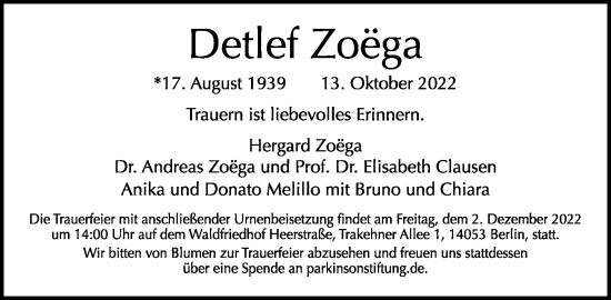 Traueranzeige von Detlef Zoega von Tagesspiegel