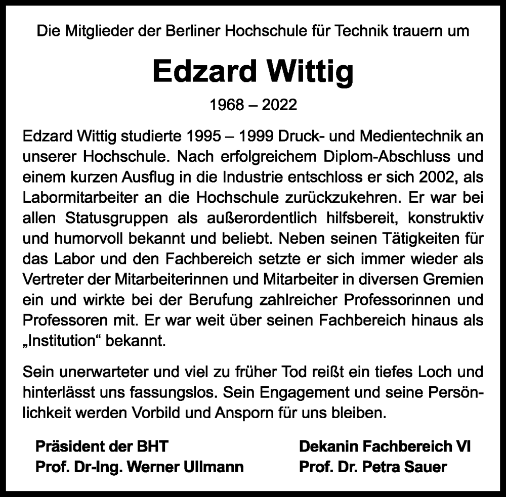 Traueranzeige für Edzard Wittig vom 09.10.2022 aus Tagesspiegel