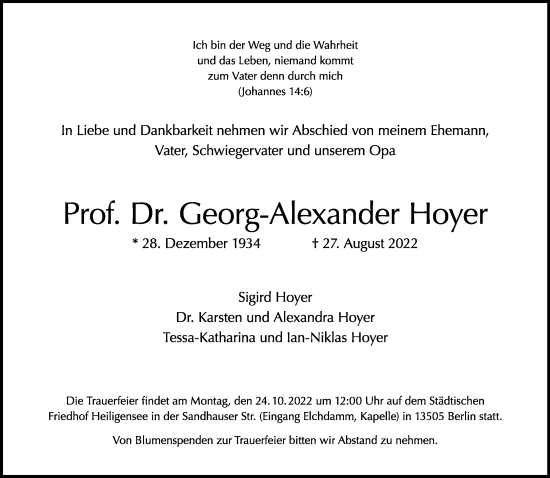 Traueranzeige von Georg-Alexander Hoyer von Tagesspiegel