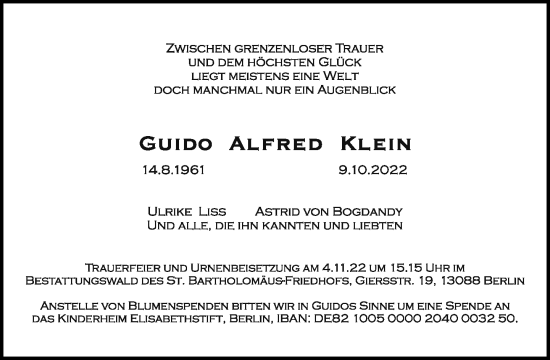 Traueranzeige von Guido Alfred Klein von Tagesspiegel