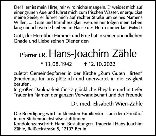 Traueranzeige von Hans-Joachim Zähle von Tagesspiegel