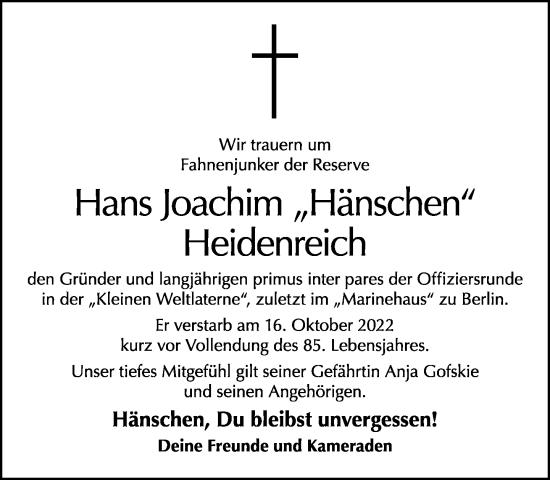 Traueranzeige von Hans Joachim Hänschen von Tagesspiegel