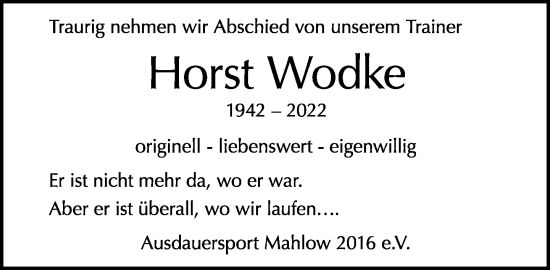 Traueranzeige von Horst Wodke von Tagesspiegel