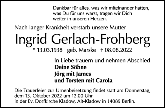 Traueranzeige von Ingrid Gerlach-Frohberg von Tagesspiegel