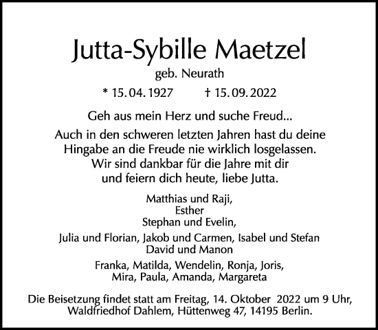 Traueranzeige von Jutta-Sybille Maetzel von Tagesspiegel