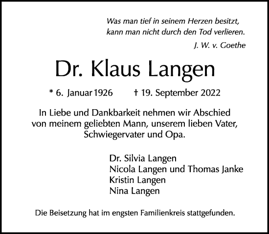 Traueranzeige von Klaus Langen von Tagesspiegel