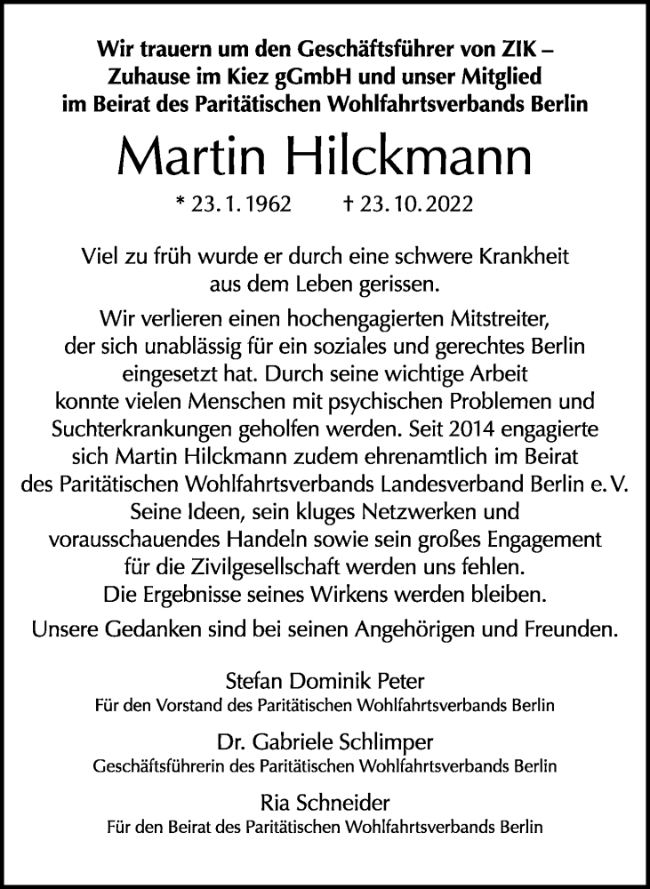  Traueranzeige für Martin Hilckmann vom 30.10.2022 aus Tagesspiegel