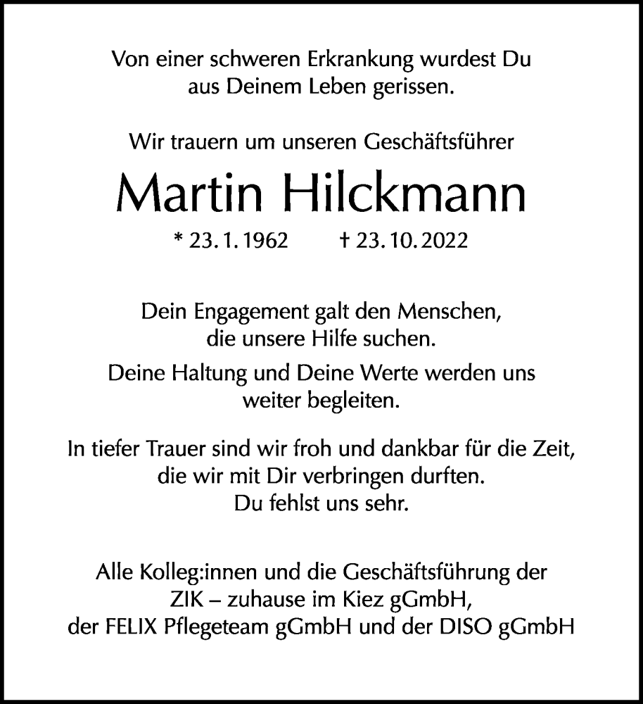  Traueranzeige für Martin Hilckmann vom 30.10.2022 aus Tagesspiegel