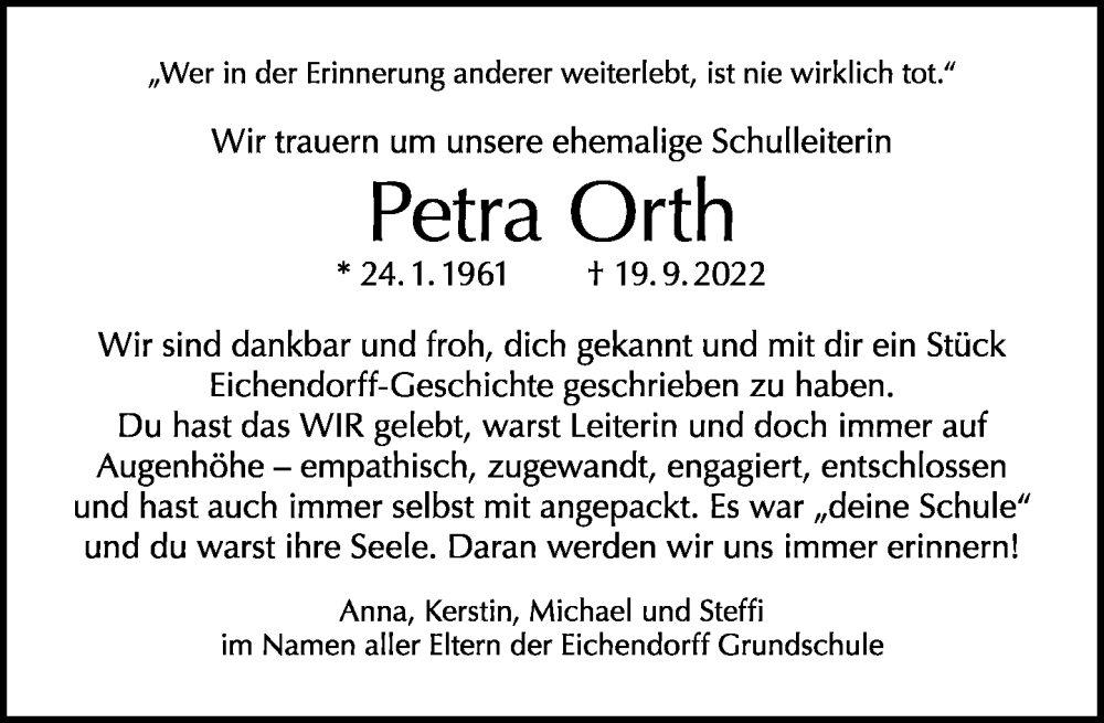  Traueranzeige für Petra Orth vom 02.10.2022 aus Tagesspiegel