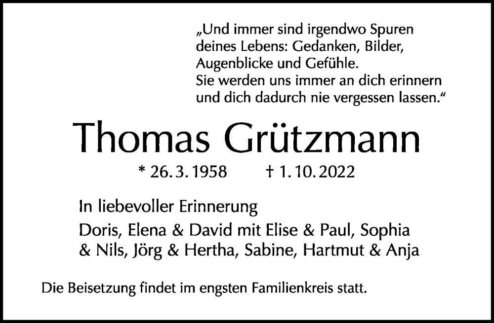  Traueranzeige für Thomas Grützmann vom 09.10.2022 aus Tagesspiegel