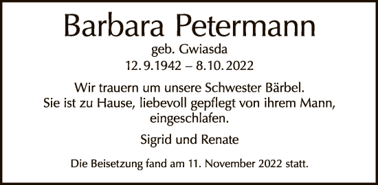 Traueranzeige von Barbara Petermann von Tagesspiegel