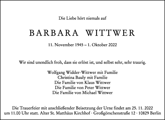 Traueranzeige von Barbara Wittwer von Tagesspiegel