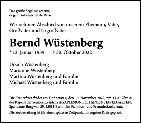 Traueranzeige von Bernd Wüstenberg von Tagesspiegel