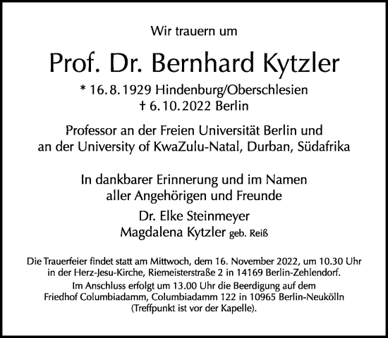 Traueranzeige von Bernhard Kytzler von Tagesspiegel