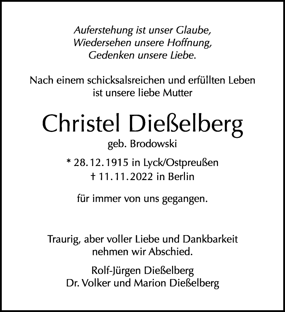  Traueranzeige für Christel Dießelberg vom 20.11.2022 aus Tagesspiegel