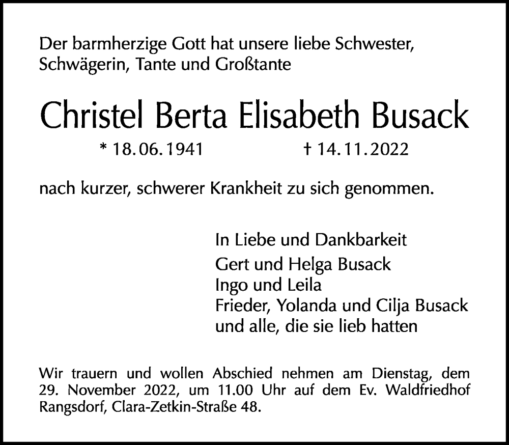  Traueranzeige für Christel Berta Elisabeth Busack vom 24.11.2022 aus Tagesspiegel