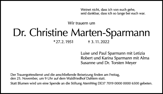 Traueranzeige von Christine Marten-Sparmann von Tagesspiegel