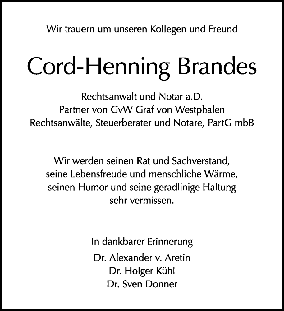  Traueranzeige für Cord-Henning Brandes vom 20.11.2022 aus Tagesspiegel