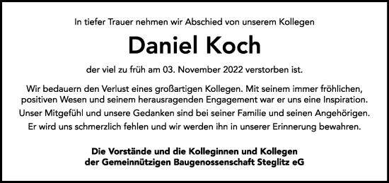 Traueranzeige von Daniel Koch von Tagesspiegel