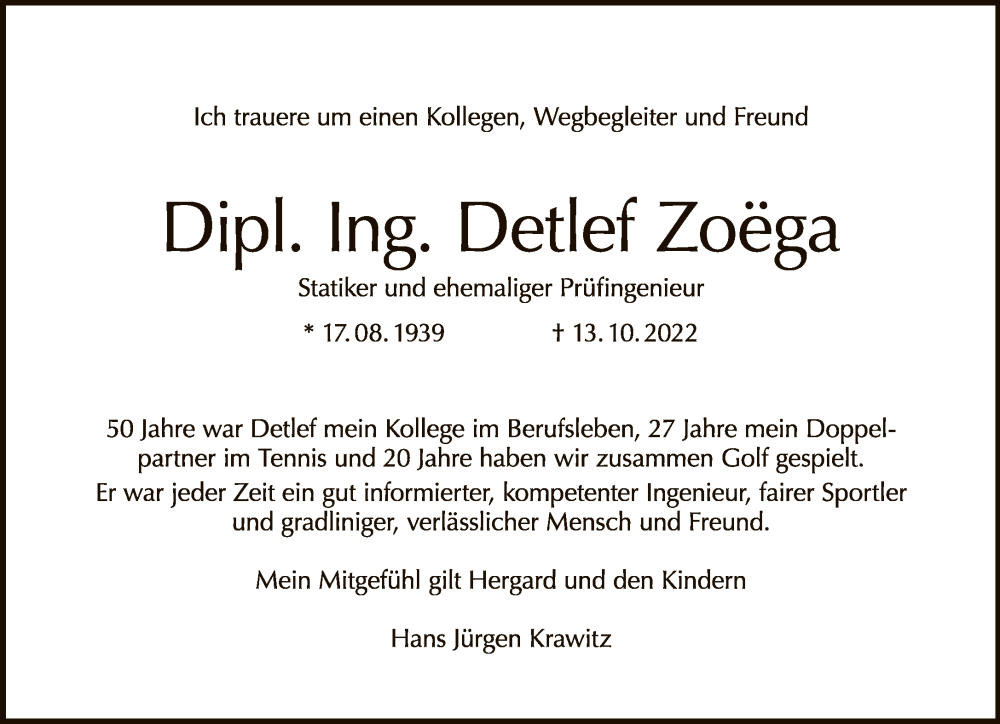  Traueranzeige für Detlef Zoega vom 27.11.2022 aus Tagesspiegel