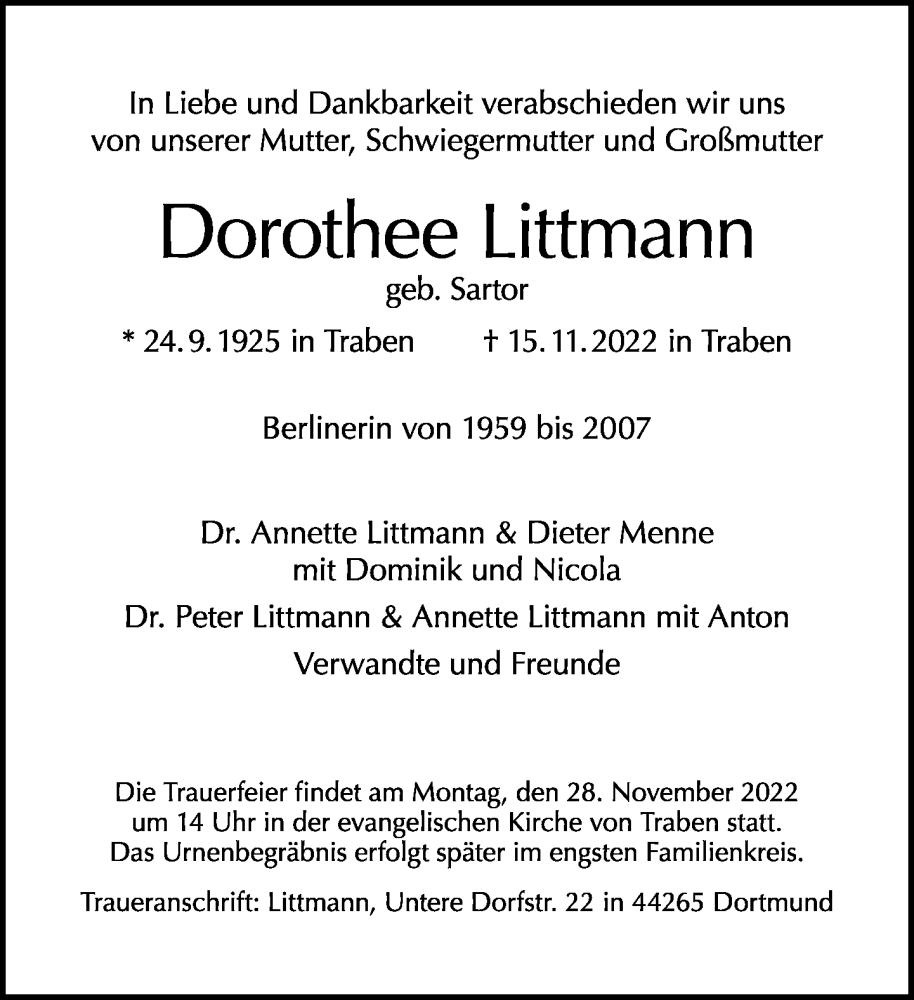  Traueranzeige für Dorothee Littmann vom 20.11.2022 aus Tagesspiegel