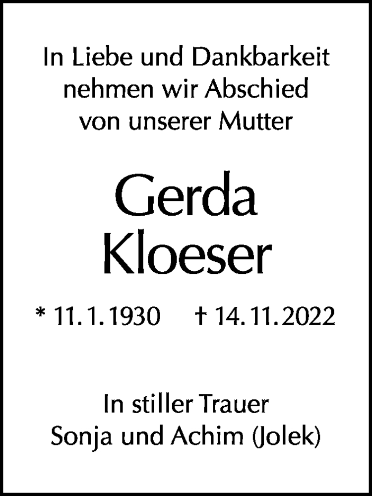  Traueranzeige für Gerda Kloeser vom 20.11.2022 aus Tagesspiegel