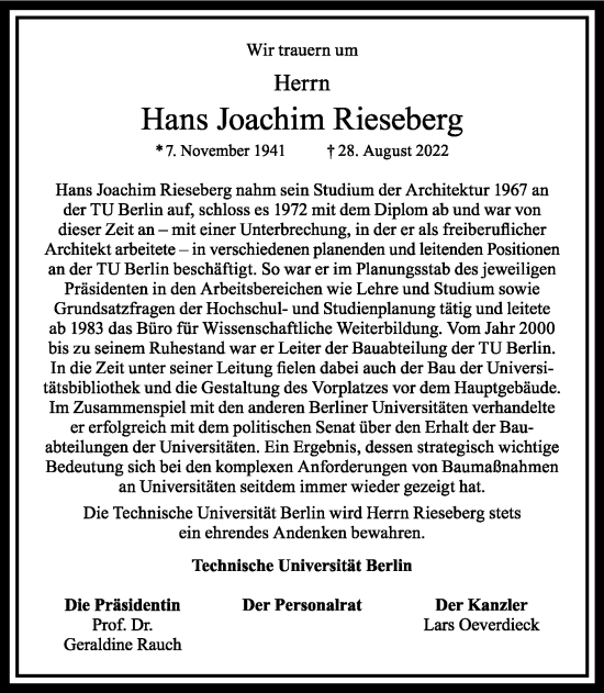 Traueranzeige von Hans Joachim Rieseberg von Tagesspiegel