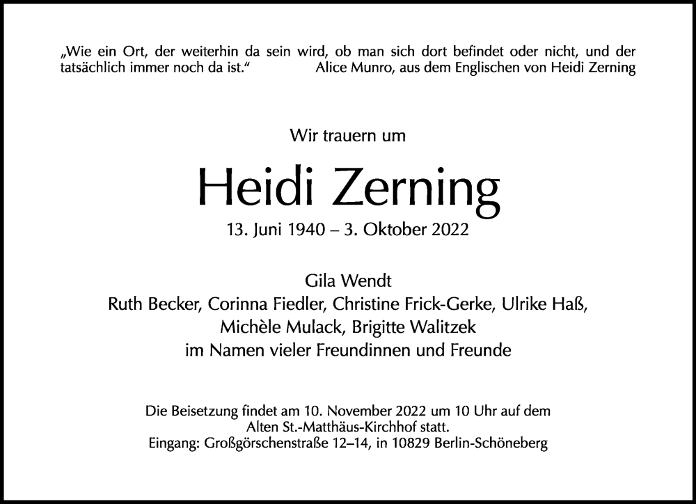  Traueranzeige für Heidi Zerning vom 06.11.2022 aus Tagesspiegel