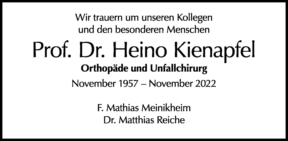  Traueranzeige für Heino Kienapfel vom 27.11.2022 aus Tagesspiegel