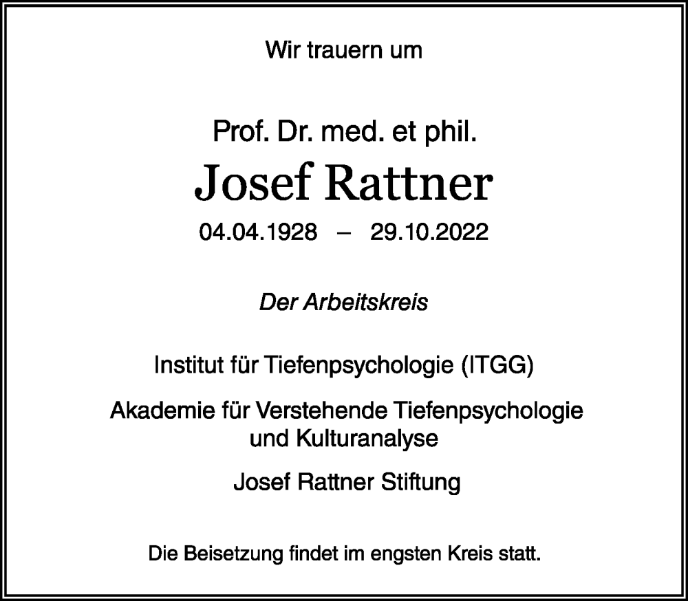  Traueranzeige für Josef Rattner vom 20.11.2022 aus Tagesspiegel