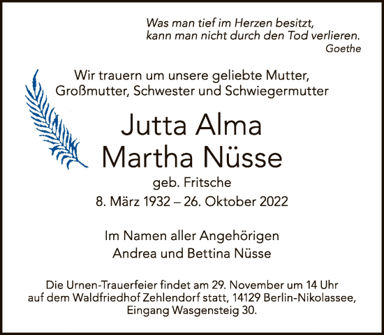 Traueranzeige von Jutta Alma Martha Nüsse von Tagesspiegel