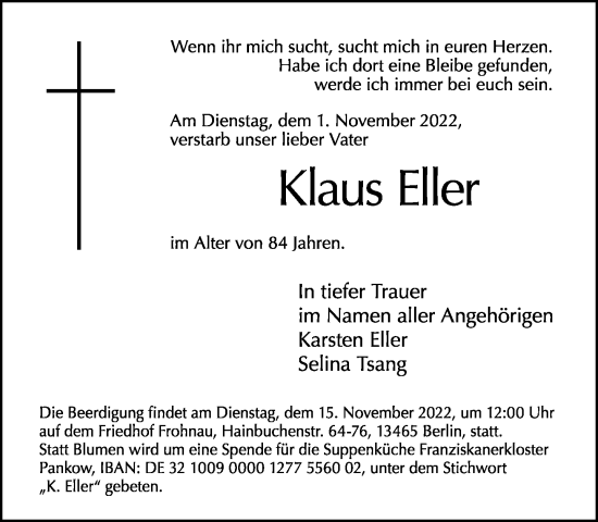 Traueranzeige von Klaus Eller von Tagesspiegel