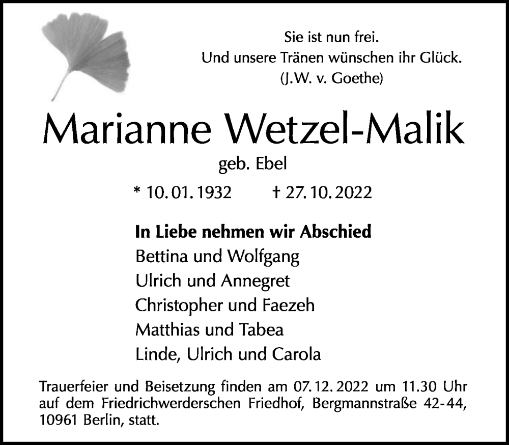  Traueranzeige für Marianne Wetzel-Malik vom 27.11.2022 aus Tagesspiegel