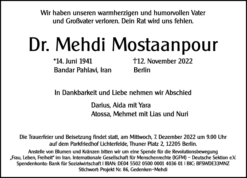  Traueranzeige für Mehdi Mostaanpour vom 20.11.2022 aus Tagesspiegel