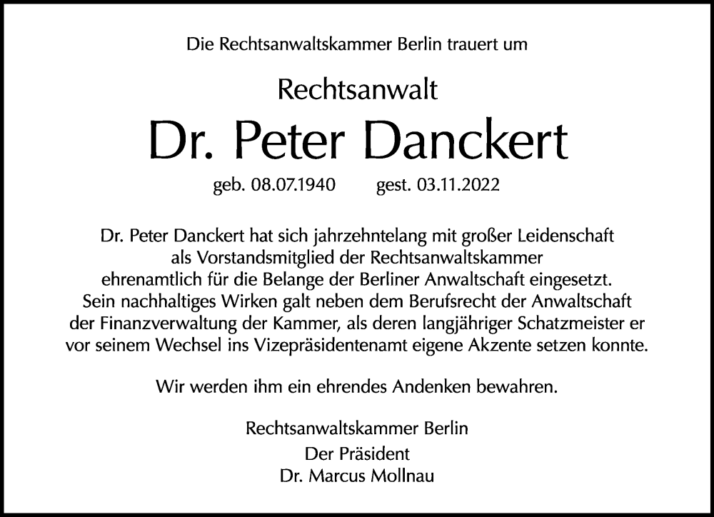 Traueranzeige für Peter Danckert vom 13.11.2022 aus Tagesspiegel