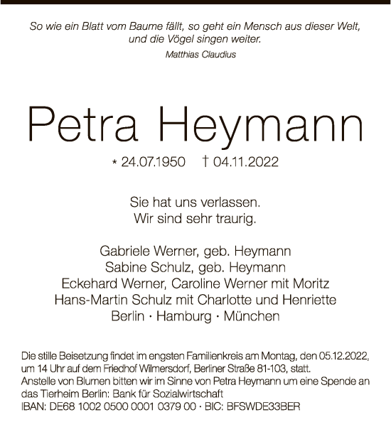 Traueranzeige von Petra Heymann von Tagesspiegel