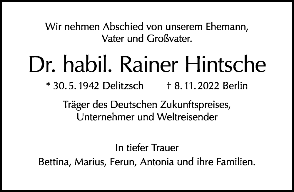  Traueranzeige für Rainer Hintsche vom 20.11.2022 aus Tagesspiegel