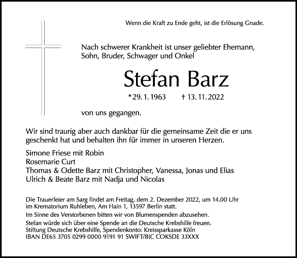 Traueranzeige für Stefan Barz vom 20.11.2022 aus Tagesspiegel