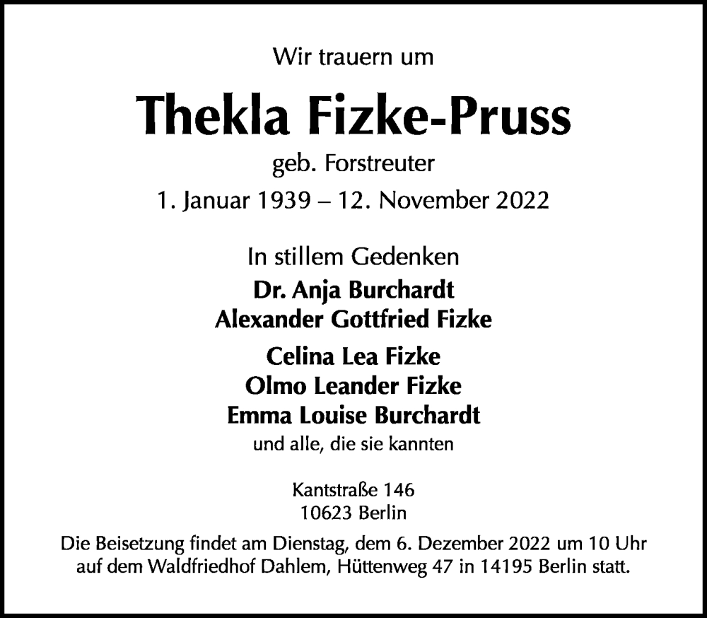  Traueranzeige für Thekla Fizke-Pruss vom 20.11.2022 aus Tagesspiegel