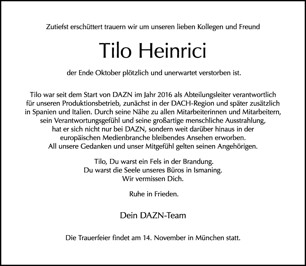  Traueranzeige für Tilo Heinrici vom 11.11.2022 aus Tagesspiegel