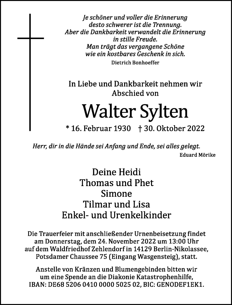  Traueranzeige für Walter Sylten vom 13.11.2022 aus Tagesspiegel