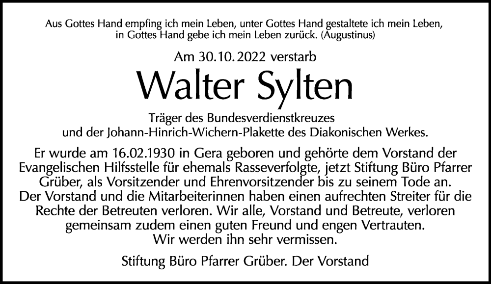  Traueranzeige für Walter Sylten vom 13.11.2022 aus Tagesspiegel